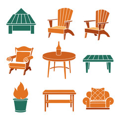 Set of wooden furniture icons