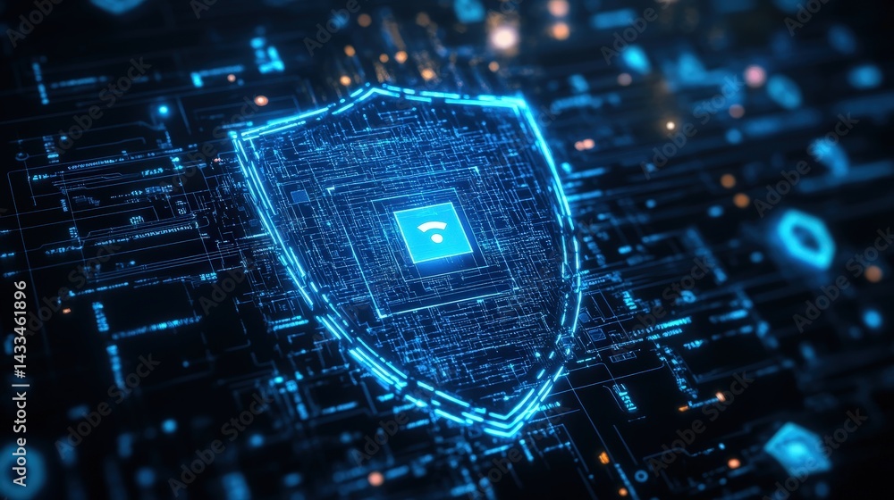 Poster a futuristic digital shield glowing in blue, surrounded by cyber security icons representing data pr