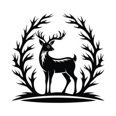 Silhouette Deer Standing within Thorn Branch Circle Wildlife Monochrome Symbol