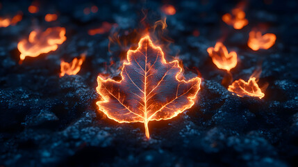An illuminated leaf sits on a dark textured surface among other glowing leaves and embers