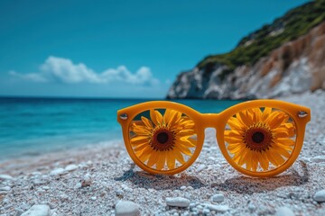 Sunflower reflections in sunglasses on a beach with clear blue water Generative AI