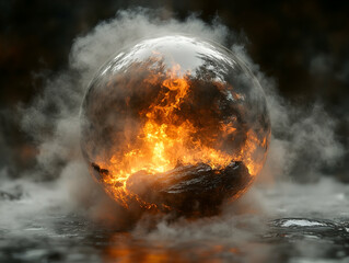 Fiery sphere engulfed in smoke resting on dark water