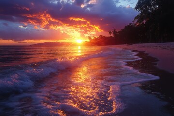 Vibrant sunset illuminates tranquil beach shoreline with gentle waves Generative AI