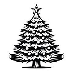 Christmas Tree Silhouette with Star Topper and Ornament Decorations, Black and White