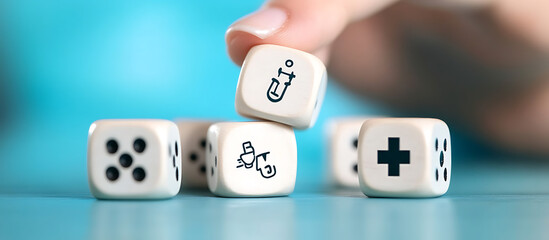 Hand-setting up white wooden dice with medical icons on a blue background, a concept for a health care plan or education, business and technology idea for a website banner design. 