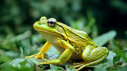 Fototapeta premium Vibrant Green Frog Sitting on a Leaf with Textured Skin and Focused Eyes Against Blurry Green Foliage