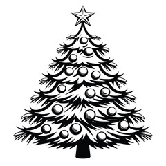 Obraz premium Stylized Christmas Tree Silhouette, Star Topper, Ornament Decorations, Black and White