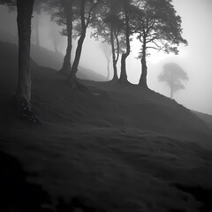 Fototapeta premium Foggy Hillside Path, Trees, Misty Landscape, Nature, Solitude