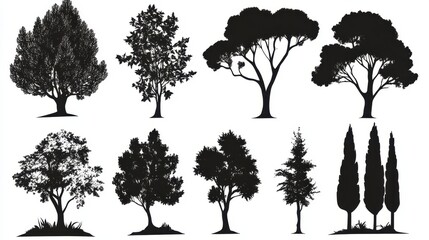 Fototapeta premium Silhouette vector design of diverse tree types on a white background with sharp lines