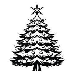 Decorated Christmas Tree Silhouette with Star Topper and Ornaments Isolated on White
