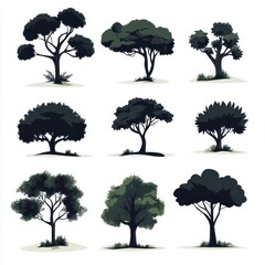 Fototapeta premium Collection of black tree silhouettes isolated on white background for design use
