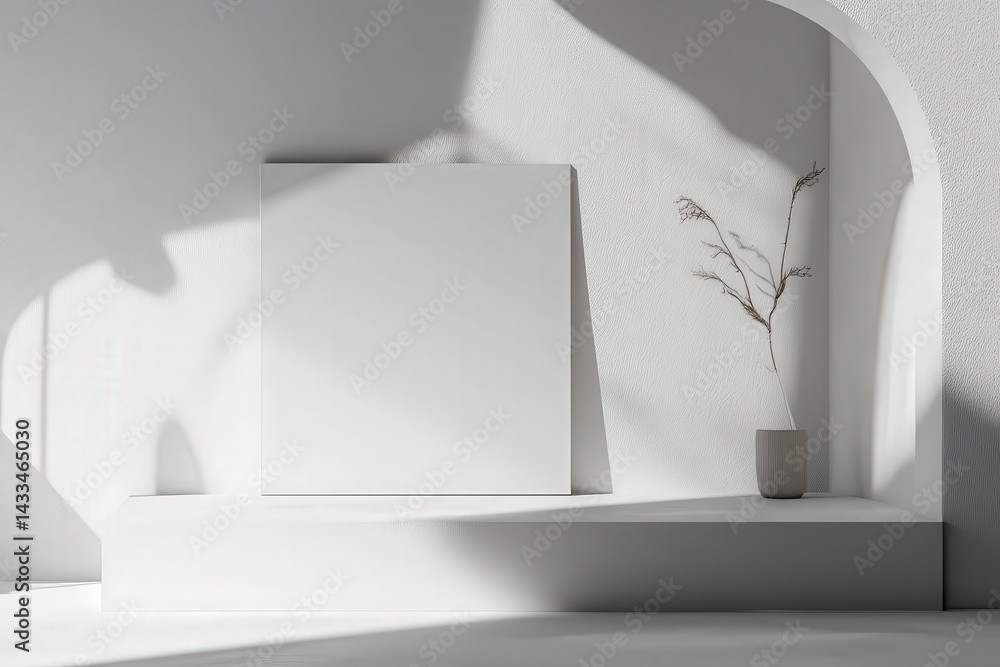 Poster empty white canvas displays with natural light and shadows.