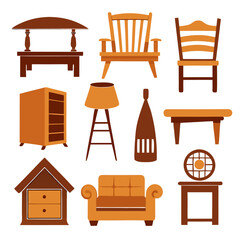 Set of wooden furniture icons