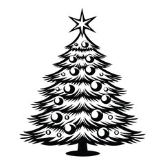 Obraz premium Black and White Christmas Tree with Star and Baubles | Festive Holiday Icon Element