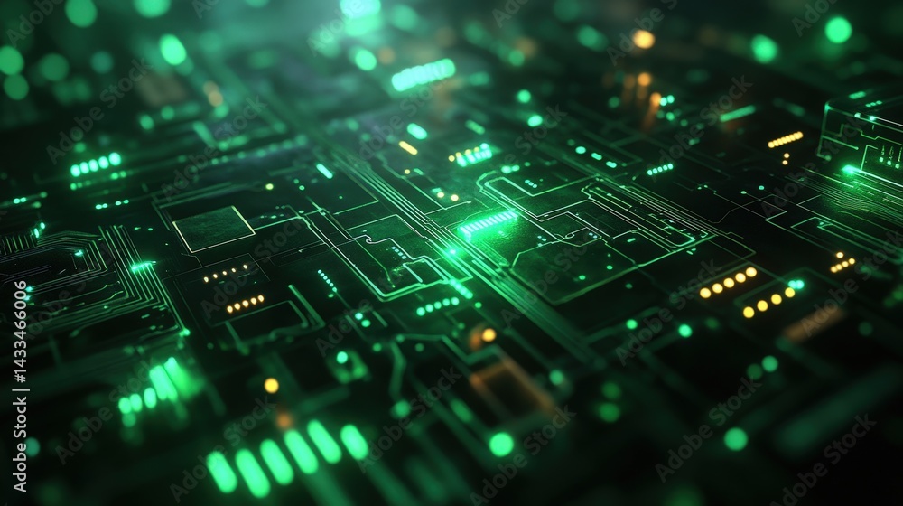 Poster a futuristic green geometric background with circuit board patterns and led-inspired details.