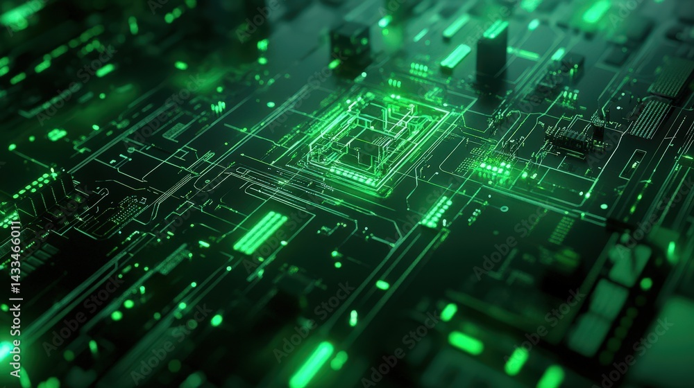 Poster a futuristic green geometric background with circuit board patterns and led-inspired details.
