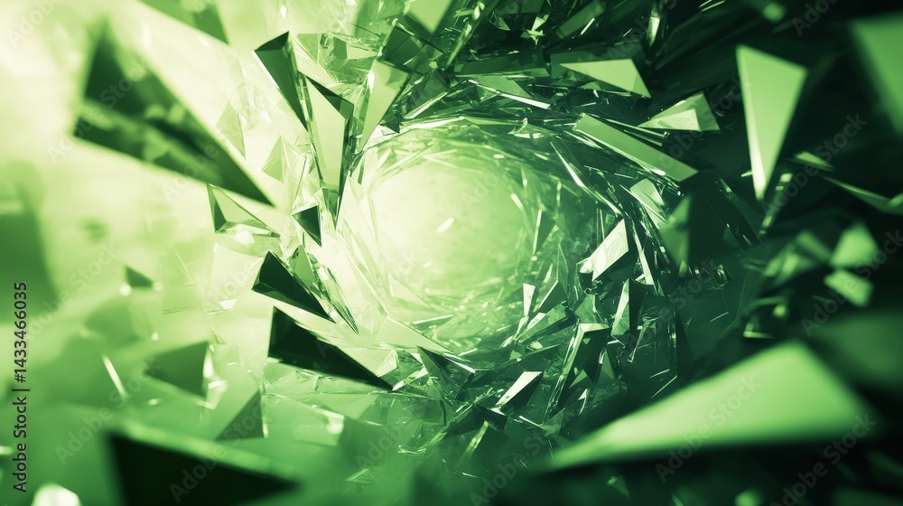Poster a futuristic green geometric background with a swirling vortex of triangular fragments