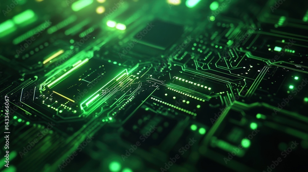 Poster a futuristic green geometric background with circuit board patterns and led-inspired details.