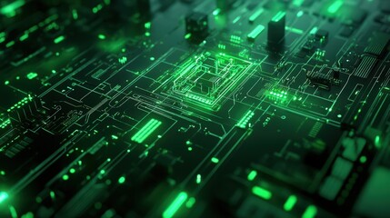 Obraz premium A futuristic green geometric background with circuit board patterns and LED-inspired details.