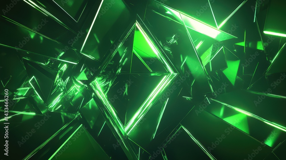 Poster a futuristic green geometric background with sharp triangular patterns and glowing neon edges