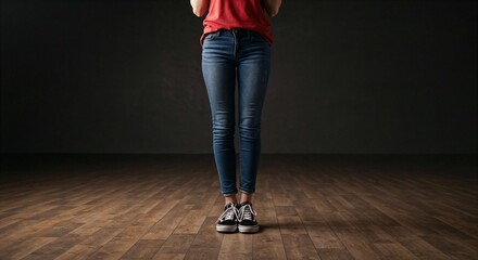 Close-Up of Legs in Skinny Jeans and Sneakers on Wooden Floor with Dark Background