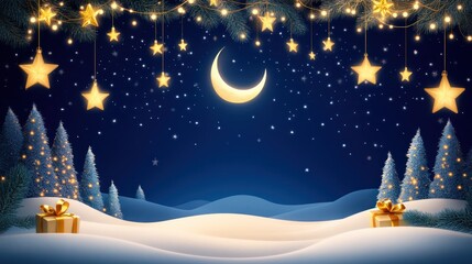 Fototapeta premium Festive Winter Night Scene With Gifts And Stars