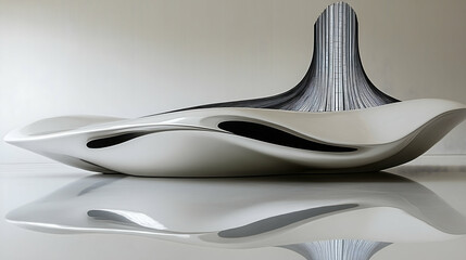 Abstract sculpture wave-like form sleek white black vertical element