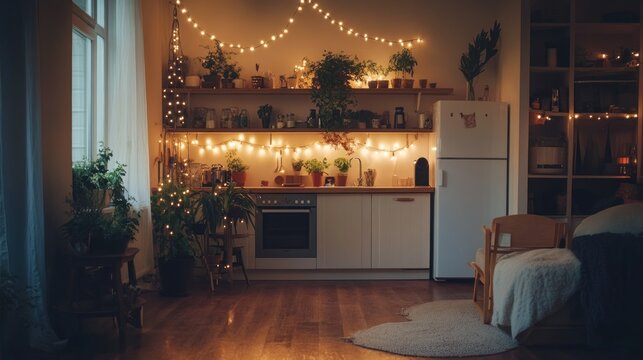 A cozy kitchen decorated with string lights and many plants