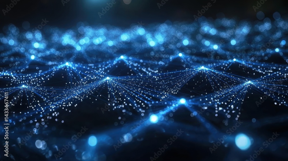 Poster intricate network of blue illuminated dots and lines, conveying digital connection and information.