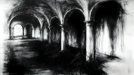 Dark arched hallway, decaying building, mysterious atmosphere, artistic charcoal sketch, suitable for mystery, suspense, or historical fiction