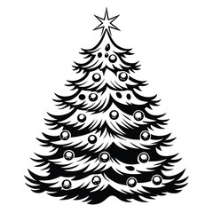 Christmas Tree Silhouette with Star Topper and Ornament Decorations Black and White