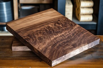 Fototapeta premium Dark brown wooden cutting board resting on a workbench.