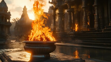 A dramatic depiction of fire burning in an ancient setting