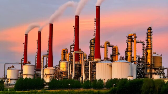 Industrial refinery plant with red chimneys emitting smoke at sunset

