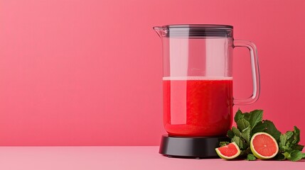 Obraz premium juice blender cold concept. Blender with a vibrant red mixture and fresh fruit on a pink background.