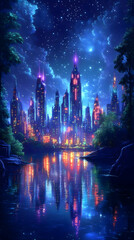 Fototapeta premium Futuristic city skyline reflected in calm water under a starry night sky