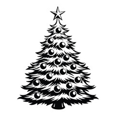 Fototapeta premium Stylized Christmas Tree with Star and Ornaments, Black Silhouette on White Background