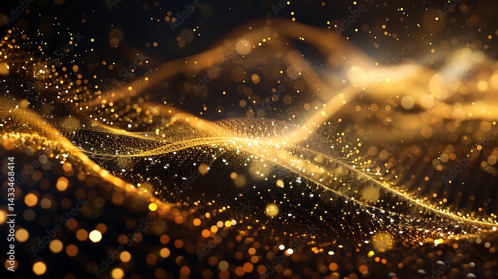 Poster abstract background of flowing waves formed by sparkling gold particles and bokeh lights on a dark b