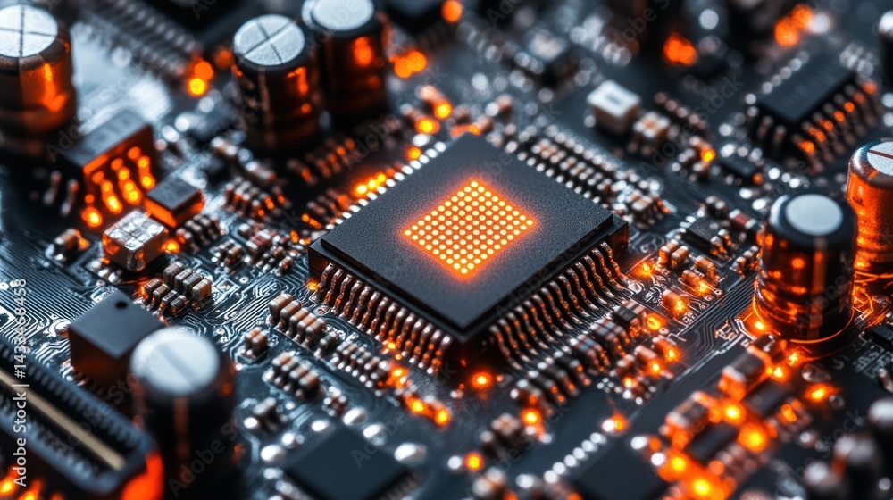Poster close-up of glowing cpu on circuit board for tech articles and presentations