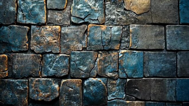 Dark, textured stone pavement; square blocks, varied hues of blue and brown