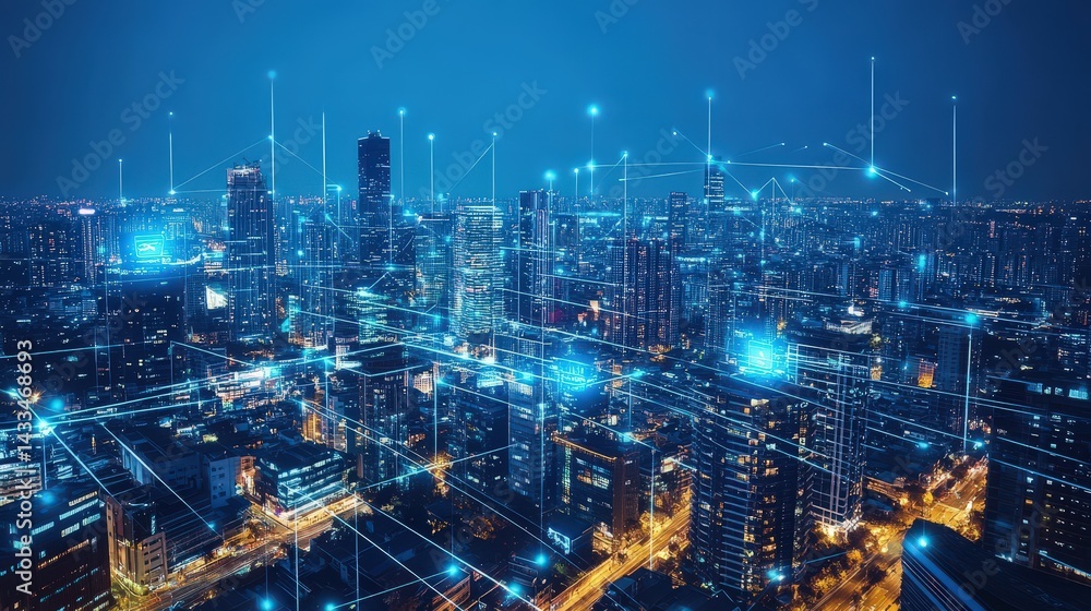 Aufkleber a futuristic representation of a smart city powered by real-time data analytics, connected by iot de