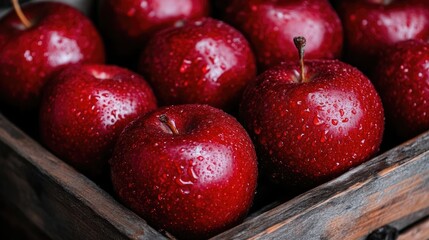 Fresh, deep red apples in a wooden crate, glistening with water droplets