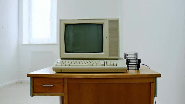 Vintage computer on wooden desk in minimalistic bright white room


