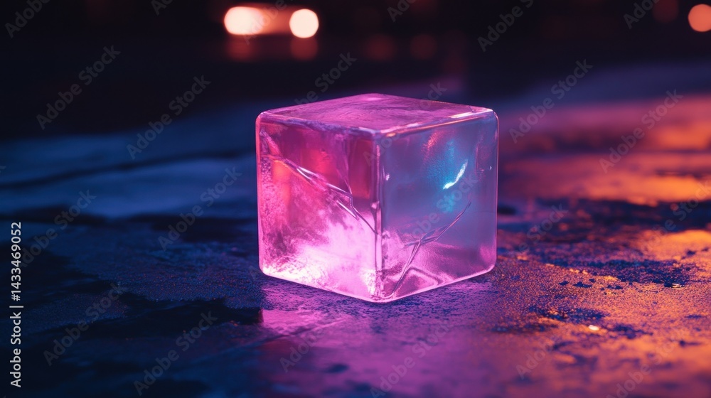 Poster a translucent illuminated ice cube resting on a dark surface