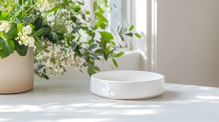 Fototapeta premium White bowl on table, flowers near window, sunlight. Product display