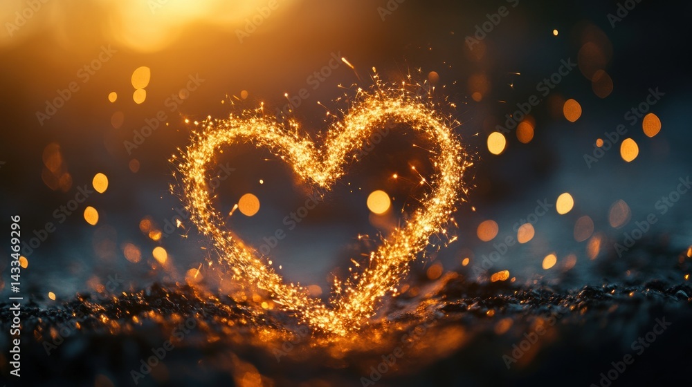 Poster a glowing heart shape created with sparkling fiery particles