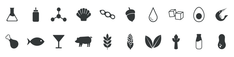 Simple Isolated Vector Logo Set Badge Ingredient Warning Label. Black and white Allergens icons. Food Intolerance.