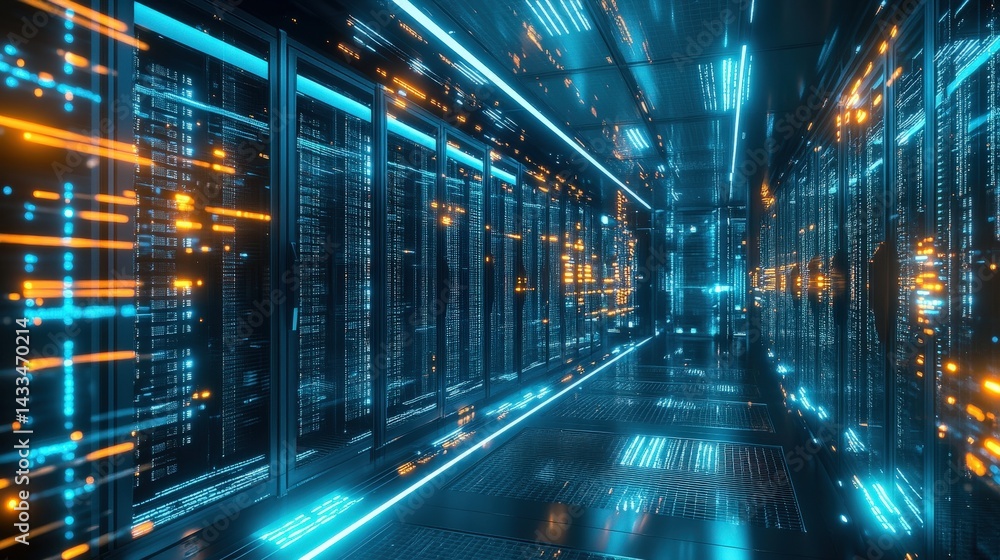 Poster server room filled with blinking lights and rapid data transmissions, representing big data storage