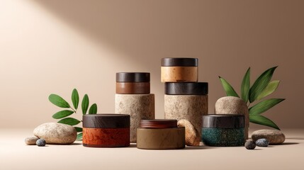 Aesthetic Arrangement of Natural Skincare Containers on a Soft Surface with Stones and Green Leaves, Ideal for Eco-Friendly Beauty Product Promotions