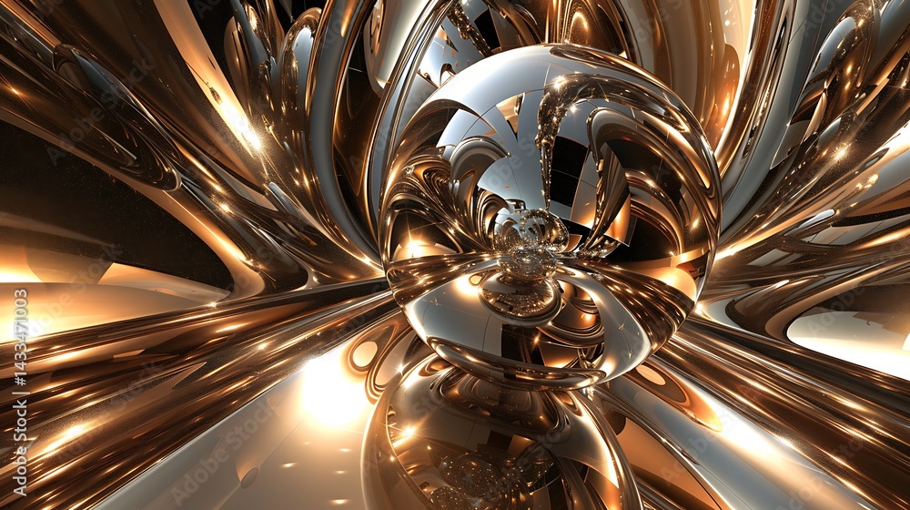 Poster abstract 3d composition centered on a reflective chrome sphere surrounded by dynamic, explosive shap